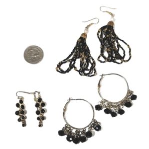 Black Beaded vintage dangles 80s gold and silver toned